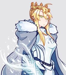 Rule 34 | 1girl, ahoge, armor, artoria pendragon (fate), artoria pendragon (lancer) (fate), blonde hair, braid, breastplate, cape, crown, fate/grand order, fate (series), french braid, fur-trimmed cape, fur trim, green eyes, grey background, grey cape, holding, holding polearm, holding weapon, lion king (lancer) (fate), looking down, polearm, rhongomyniad (fate), sidelocks, simple background, solo, standing, tenk, weapon