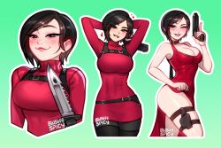 Rule 34 | 1girl, ada wong, arms behind head, artist name, bare arms, bare shoulders, belt, blush, blushyspicy, border, breasts, brown hair, cleavage, clothes lift, collarbone, covered navel, cropped legs, cropped torso, dress, dress lift, gradient background, green background, gun, half-closed eyes, handgun, heart, holding, holding gun, holding weapon, knife, large breasts, long sleeves, multiple views, one eye closed, pantyhose, red dress, red lips, red sweater, resident evil, resident evil 4, resident evil 4 (remake), short hair, skindentation, smile, sweater, teeth, thigh strap, upper body, watermark, weapon, white border