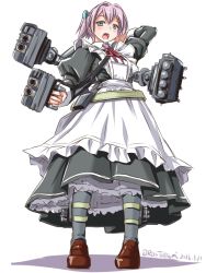 Rule 34 | 10s, 1girl, aiming, aiming at viewer, alternate costume, apron, arm up, belt, blue eyes, blush, brown footwear, commentary request, dress, enmaided, frilled apron, frills, full body, grey legwear, gun, hair ornament, holding, holding gun, holding weapon, kantai collection, loafers, long skirt, long sleeves, looking at viewer, machinery, maid, maid apron, open mouth, pink hair, ponytail, puffy long sleeves, puffy sleeves, shiranui (kancolle), shoes, short hair, short ponytail, simple background, skirt, solo, standing, tatsumi ray, torpedo, turret, twitter username, weapon, white background