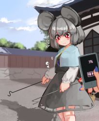 Rule 34 | 1girl, animal ears, blush, breast expansion, commentary, cowboy shot, dowsing rod, dress, gold trim, grey dress, grey hair, grey skirt, highres, holding, holding phone, holding with tail, jewelry, long sleeves, medium hair, mouse ears, mouse girl, mouse tail, nazrin, pendant, phone, prehensile tail, red eyes, skirt, standing, tail, touhou, zakozako y