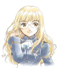 Rule 34 | 1girl, artist name, ascot, blonde hair, dated, glasses, hand in own hair, highres, kou (kounotori69), long hair, military, military uniform, perrine h. clostermann, portrait, simple background, smile, solo, strike witches, uniform, upper body, white background, world witches series, yellow eyes
