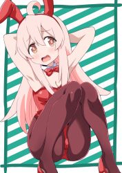 Rule 34 | 1girl, ahoge, animal ears, armpits, arms behind head, blush, bow, bowtie, breasts, brown eyes, brown pantyhose, collar, colored inner hair, commentary, crotch seam, detached collar, fake animal ears, frown, genderswap, genderswap (mtf), high heels, leotard, light brown hair, long hair, looking at viewer, multicolored hair, onii-chan wa oshimai!, open mouth, oyama mahiro, pantyhose, pink hair, playboy bunny, ponzu rui, rabbit ears, red bow, red bowtie, red footwear, red leotard, sitting, small breasts, solo, strapless, strapless leotard, white collar, wing collar
