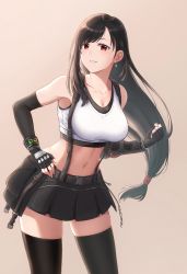 Rule 34 | 1girl, absurdres, arm guards, bare shoulders, beige background, black hair, black skirt, black sports bra, black thighhighs, blush, breasts, buckle, cleavage, clenched hand, collarbone, commentary request, cowboy shot, crop top, earrings, elbow gloves, elbow pads, final fantasy, final fantasy vii, final fantasy vii remake, fingerless gloves, gloves, grin, hand on own hip, highres, huge filesize, jewelry, large breasts, long hair, looking at viewer, low-tied long hair, midriff, miniskirt, mitsuria (kanesho1102), navel, red eyes, shirt, sidelocks, simple background, skindentation, skirt, smile, snap-fit buckle, solo, sports bra, standing, suspender skirt, suspenders, suspenders gap, tank top, taut clothes, taut shirt, thighhighs, tifa lockhart, white tank top, zettai ryouiki