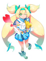 Rule 34 | 1girl, arc system works, bad id, bad pixiv id, blazblue, blazblue: continuum shift, blonde hair, gloves, green eyes, hairband, heart, jerun, long hair, one eye closed, platinum the trinity, quad tails, ribbon, solo, wink