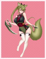Rule 34 | 1girl, absurdres, animal ears, arm blade, bare shoulders, beige legwear, black ribbon, blade, blush, border, breasts, closed mouth, commentary, english commentary, expressionless, eyes visible through hair, full body, fur, green hair, green tail, hair between eyes, hair ribbon, highres, japanese clothes, kamaitachi (monster girl encyclopedia), large breasts, legs, long hair, looking at viewer, monster girl, monster girl encyclopedia, orange eyes, pelvic curtain, ponytail, red background, ribbon, sash, sickle, simple background, sleeveless, solo, standing, tail, thighhighs, weapon, wlper