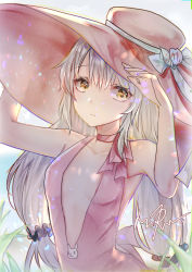 Rule 34 | 1girl, arms up, artist name, breasts, closed mouth, day, dress, girls&#039; frontline, grass, grey hair, hair between eyes, hair ornament, hair scrunchie, halter dress, halterneck, hand on headwear, hat, long hair, looking at viewer, low twintails, mg4 (girls&#039; frontline), mirutu, outdoors, scrunchie, signature, small breasts, solo, sun hat, twintails, upper body, yellow eyes