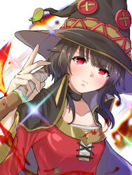 Rule 34 | 1girl, absurdres, black cape, black choker, blurry, blurry background, blush, breasts, brown hair, cape, choker, closed mouth, collarbone, commentary, dress, furrowed brow, hair between eyes, hat, highres, holding, holding staff, kono subarashii sekai ni shukufuku wo!, light frown, long sleeves, looking afar, megumin, red dress, red eyes, ruriho, short hair, short hair with long locks, small breasts, solo, sparkle, staff, upper body, white background, witch hat
