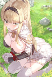 Rule 34 | 1girl, aiguillette, ass, blonde hair, blurry, blurry background, blush, boots, bound, bound wrists, breasts, capelet, cleavage, clenched teeth, commentary request, elf, eyebrows hidden by hair, field, gauntlets, grass, grasslands, green eyes, hair intakes, hairband, highres, kfr, large breasts, leaning forward, long hair, original, pleated skirt, pointy ears, ponytail, print capelet, rock, rope, seiza, sidelocks, sitting, skirt, sweat, sword, tearing up, teeth, thigh boots, thighhighs, weapon, white capelet, white skirt, white thighhighs, zettai ryouiki