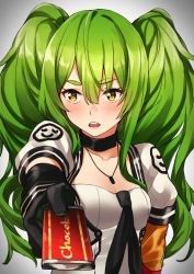 Rule 34 | 1girl, bad id, bad twitter id, black gloves, blush, candy, chocolate, chocolate bar, eyebrows, food, girls&#039; frontline, giving, gloves, green hair, hair between eyes, long hair, looking away, looking to the side, m950a (girls&#039; frontline), messy hair, open mouth, puffy short sleeves, puffy sleeves, redlammy, short sleeves, sidelocks, solo, thick eyebrows, twintails, upper body, yellow eyes