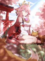 Rule 34 | 1girl, animal ears, anklet, armpit crease, bare shoulders, blush, branch, breasts, bright pupils, cherry blossoms, closed mouth, commentary, commentary request, day, detached sleeves, earrings, english commentary, eyelashes, floral print, fox, fox ears, fox tail, genshin impact, grass, hair between eyes, hair ornament, headgear, highres, japanese clothes, jewelry, junebuart, knees, large breasts, legs, light rays, long hair, looking at viewer, low-tied long hair, miko, necklace, obi, outdoors, parted lips, pink hair, priestess, print sleeves, purple eyes, ribbon-trimmed sleeves, ribbon trim, sash, sidelocks, sitting, sleeping, smile, solo, sunlight, tail, tassel, thick thighs, thighs, torii, tree, turtleneck, twitter username, white pupils, wide sleeves, yae miko, yokozuwari