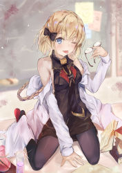 Rule 34 | 1girl, ;p, arm support, azur lane, bare shoulders, between legs, black bow, black necktie, black pantyhose, black shirt, black skirt, blonde hair, blue eyes, blurry, blurry background, blush, book, bow, breasts, closed mouth, collarbone, commentary request, depth of field, unworn eyewear, fingernails, flask, glasses, hair between eyes, hair bow, hanagin, hand between legs, hand up, head tilt, highres, holding, holding removed eyewear, lab coat, long sleeves, looking at viewer, medium breasts, necktie, off shoulder, one eye closed, open book, pantyhose, red footwear, round-bottom flask, shirt, sitting, skirt, sleeveless, sleeveless shirt, sleeves past wrists, solo, tongue, tongue out, wariza, z23 (azur lane), z23 (philosophy sensei) (azur lane)