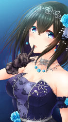 Rule 34 | 1girl, black dress, black gloves, blue eyes, blush, breasts, cleavage, dress, finger to mouth, flower, gloves, hair flower, hair ornament, hairband, idolmaster, idolmaster cinderella girls, idolmaster cinderella girls starlight stage, jewelry, kyuunosuke (lactis09), large breasts, long hair, looking at viewer, necklace, parted lips, sagisawa fumika, solo