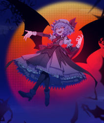 Rule 34 | 1girl, ascot, bat (animal), bat wings, black dress, black footwear, black pantyhose, black wings, blurry, boots, bow, breasts, depth of field, dress, dress bow, fangs, glowing, glowing eyes, grey hair, halftone, halftone background, hand up, hat, hat bow, hat ribbon, highres, juliet sleeves, long sleeves, looking at viewer, medium hair, midair, mob cap, moon, multicolored clothes, multicolored dress, nail polish, night, night sky, nyong nyong, outstretched arm, pantyhose, pink dress, pink nails, puffy sleeves, red ascot, red bow, red eyes, red moon, red ribbon, remilia scarlet, ribbon, sky, slit pupils, small breasts, smile, solo, teeth, touhou, upper teeth only, wavy hair, white dress, white hat, wings