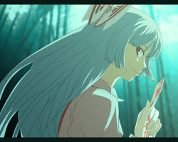Rule 34 | 1girl, a.torii, anime coloring, bamboo, bamboo forest, fake screenshot, female focus, forest, fujiwara no mokou, hair ribbon, holding, letterboxed, long hair, looking back, moonlight, nature, ofuda, profile, red eyes, ribbon, smile, solo, touhou, white hair