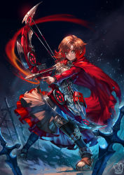 Rule 34 | 1girl, absurdres, archer (fate), arrow (projectile), artist name, bow (weapon), brown hair, cape, commission, drawing bow, fate/stay night, fate (series), highres, holding bow (weapon), ruby rose, rwby, sa-dui, solo, sword, watermark, weapon, web address