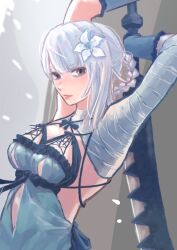 Rule 34 | 1girl, bandages, blunt bangs, braid, braided ponytail, breasts, commentary request, flower, grey background, hair flower, hair ornament, highres, holding, holding sword, holding weapon, kaine (nier), lingerie, medium breasts, medium hair, nier, nier (series), nutori manga, solo, sword, underwear, weapon