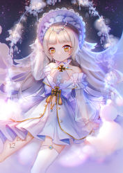 Rule 34 | absurdres, azur lane, bare shoulders, closed mouth, clothing request, cloud, cloudy sky, cross, dress, expressionless, frilled dress, frilled headwear, frilled neckwear, frilled sleeves, frills, gem, hair ornament, hand on ground, hand on own head, headwear request, highres, irisrey, iron cross, jewelry, long hair, looking at viewer, mole, mole under eye, multicolored background, on cloud, reichsadler, sitting, sky, sleeves past fingers, sleeves past wrists, solo, thighhighs, white dress, yellow eyes, z46 (azur lane)