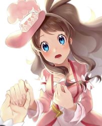 Rule 34 | 1girl, antenna hair, blue eyes, blush, breasts, brown hair, collarbone, commentary request, creatures (company), dress, eyelashes, game freak, hands up, hat, highres, hilda (pokemon), hilda (special costume) (pokemon), holding hands, long hair, long sleeves, looking at viewer, lower teeth only, nail polish, nintendo, official alternate costume, open mouth, pink dress, pink headwear, pink nails, pokemon, pokemon masters ex, ponytail, pov, shuri (riri shu), sidelocks, teeth, tongue, white background