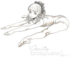 Rule 34 | 1girl, alphonse (white datura), ass, athletic leotard, full body, leaning forward, leotard, long hair, monochrome, original, outstretched arms, plantar flexion, ponytail, ribbon, sitting, sketch, solo, spread legs, stretching, white background