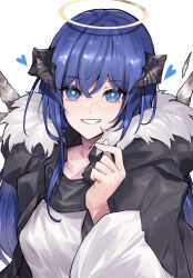 Rule 34 | 1girl, arknights, black jacket, blue eyes, blue hair, blue heart, brothercoral, demon horns, detached wings, energy wings, finger heart, fur-trimmed jacket, fur trim, grin, hair between eyes, halo, highres, horns, jacket, long hair, looking at viewer, mostima (arknights), open clothes, open jacket, shirt, simple background, smile, solo, upper body, white background, white shirt, wings