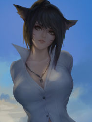 Rule 34 | 1girl, animal ears, arms behind back, warrior of light (ff14), black hair, blue sky, breasts, brown eyes, cat ears, chaosringen, cleavage, commission, day, facial mark, final fantasy, final fantasy xiv, highres, jewelry, large breasts, lips, medium hair, miqo&#039;te, necklace, outdoors, parted lips, shirt, sky, smile, solo, sunrise, upper body, whisker markings, white shirt