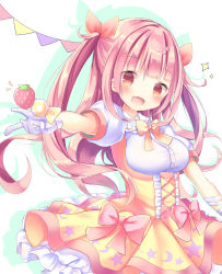 Rule 34 | 1girl, :d, bad id, bad pixiv id, blush, bow, bowtie, breasts, brown eyes, candy wrapper, commentary request, fang, food, food-themed hair ornament, frilled skirt, frills, fruit, gloves, hair ornament, hair ribbon, hairclip, high-waist skirt, highres, long hair, medium breasts, open mouth, original, outstretched arm, pink bow, pink hair, polka dot, puffy short sleeves, puffy sleeves, red ribbon, ribbon, shirt, short sleeves, sidelocks, skirt, smile, solo, sparkle, strawberry, strawberry hair ornament, tsuruse, two side up, very long hair, white gloves, white shirt, yellow bow, yellow bowtie, yellow skirt