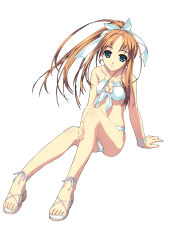 Rule 34 | 1girl, absurdres, bare shoulders, bikini, bow, bracelet, breasts, brown hair, cleavage, cleavage cutout, clothing cutout, collarbone, f-ism, feet, floating hair, green eyes, hair bow, highres, jewelry, long hair, looking at viewer, murakami suigun, no legwear, original, ponytail, sandals, sitting, smile, solo, swimsuit, toes, white bikini, white bow, wind, wristband