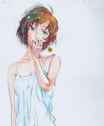Rule 34 | 1girl, brown hair, carlos toshiki, chemise, collarbone, dress, face, finger to mouth, flower, green eyes, highres, original, short hair, solo, traditional media