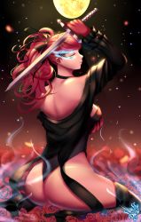 Rule 34 | 1girl, absurdres, ass, bare shoulders, blue fire, breasts, closed eyes, fire, fluffydus, from behind, gloves, highres, kneeling, leotard, long hair, persona, persona 5, ponytail, red hair, shiny clothes, shiny skin, sideboob, solo, sword, thighhighs, thong leotard, weapon, yoshizawa kasumi