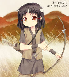 Rule 34 | 1girl, alternate costume, alternate hair color, alternate hairstyle, alternate headwear, alternate weapon, arrow (projectile), black dress, black hair, blush, bow (weapon), brown eyes, brown pants, brown vest, commentary request, day, dress, expressionless, field, hair tie, headband, layered clothes, looking to the side, moriya suwako, mountain, open clothes, open vest, pants, short dress, short hair, short sleeves, solo, tomo takino, touhou, traditional clothes, vest, weapon, wristband