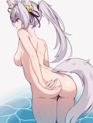 Rule 34 | animal ears, artist name, ass, back, backboob, bell, breasts, completely nude, coubalt, coubalty, filian (vtuber), fox ears, fox girl, fox tail, from behind, hair bell, hair ornament, medium breasts, nude, ponytail, purple eyes, tail, thighs, water, white hair
