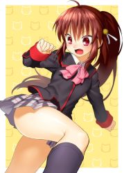 Rule 34 | 1girl, bow, brown hair, highres, little busters!, long hair, natsume rin, onsoku inu, pink bow, plaid, plaid skirt, ponytail, red eyes, school uniform, skirt