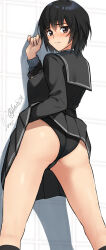 Rule 34 | 1girl, amagami, ass, black hair, black jacket, black one-piece swimsuit, black sailor collar, black skirt, black socks, bob cut, breasts, brown eyes, commentary, competition swimsuit, feet out of frame, from behind, highres, jacket, kibito high school uniform, looking at viewer, looking back, medium breasts, nanasaki ai, one-piece swimsuit, pleated skirt, sailor collar, school uniform, serafuku, short hair, signature, skirt, socks, solo, swimsuit, swimsuit under clothes, twitter username, yoo tenchi