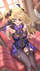 Rule 34 | 1girl, absurdres, bat ornament, bird, black footwear, blonde hair, bodystocking, bodystocking, bodysuit, boots, bow, bowtie, breasts, brown sleeves, card, chuunibyou, collar, couch, crow, eyepatch, fischl (genshin impact), fishnet bodysuit, fishnet top, fishnets, garter straps, genius invokation tcg, genshin impact, gloves, green eyes, hair between eyes, hair over one eye, hair ribbon, high heels, highres, holding, holding card, holding hands, leotard, light particles, living room, long hair, looking at viewer, medium breasts, open mouth, purple bow, purple bowtie, purple ribbon, ribbon, single glove, single leg pantyhose, single sleeve, single thighhigh, smile, solo, sunlight, sysen, tailcoat, thighhighs, trading card, two side up, vision (genshin impact), window