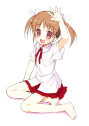 Rule 34 | 1girl, :d, arm up, barefoot, brown eyes, brown hair, fang, feet, flat chest, full body, legs, meito (maze), open mouth, original, school uniform, short hair, sitting, smile, solo, twintails