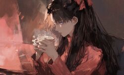 Rule 34 | 1girl, 96yottea, black hair, blue eyes, bow, closed mouth, cup, fate/stay night, fate (series), fingernails, hair bow, highres, holding, holding cup, indoors, long hair, long sleeves, looking at viewer, looking to the side, on chair, parted bangs, red bow, sitting, solo, teacup, tohsaka rin, upper body