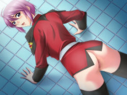 Rule 34 | 00s, 1girl, :d, against wall, ahoge, ass, belt, black thighhighs, blue eyes, blush, bottomless, censored, circle epion, dutch angle, from behind, gundam, gundam seed, gundam seed destiny, indoors, looking at viewer, looking back, lunamaria hawke, military, military uniform, mosaic censoring, naughty face, no panties, open mouth, presenting, purple hair, pussy, shadow, short hair, smile, solo, spread legs, standing, thighhighs, uniform