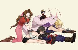 Rule 34 | 1boy, 2girls, aerith gainsborough, assisted stretching, baggy pants, bare shoulders, black hair, black skirt, black sleeves, black socks, blonde hair, blue pants, boots, bracelet, braid, braided ponytail, breasts, brown footwear, brown gloves, cait sith (ff7), cloud strife, crop top, crown, detached sleeves, dress, final fantasy, final fantasy vii, fingerless gloves, full body, gloves, green eyes, grin, hair ribbon, hands on own feet, highres, jacket, jewelry, kneeling, large breasts, long hair, looking at another, midriff, mini crown, miniskirt, moogle, multiple girls, nodoka0707, open mouth, outstretched arms, outstretched legs, pants, parted bangs, pink dress, pink ribbon, red eyes, red footwear, red gloves, red jacket, ribbon, short sleeves, simple background, sitting, skirt, sleeveless, sleeveless turtleneck, smile, socks, spiked hair, stretching, sweatdrop, sweater, tank top, tifa lockhart, trembling, turtleneck, turtleneck sweater, white tank top