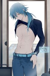 Rule 34 | 1boy, abs, belt, biting, biting clothes, black shirt, blue belt, blue hair, blue pants, camera, clothes in mouth, denim, dramatical murder, hand in pocket, highres, ikaremanju, jeans, long hair, long sleeves, male focus, mouth hold, pants, seragaki aoba, shirt, shirt in mouth, solo, yellow eyes