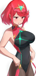 Rule 34 | 1girl, absurdres, blush, core crystal (xenoblade), earrings, hair between eyes, hair ornament, highres, jewelry, looking down, one-piece swimsuit, open mouth, oruru63100814, pyra (pro swimmer) (xenoblade), pyra (xenoblade), red eyes, red hair, short hair, swimsuit, white background, xenoblade chronicles (series), xenoblade chronicles 2