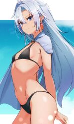 Rule 34 | 1girl, a (xenoblade), bikini, black bikini, blue background, breasts, closed mouth, commentary request, curtained hair, detached collar, earrings, eyelashes, glint, grey eyes, grey hair, hair between eyes, highres, jewelry, kamidan, letterboxed, long bangs, long hair, looking at viewer, navel, small breasts, smile, solo, standing, swimsuit, xenoblade chronicles (series), xenoblade chronicles 3, xenoblade chronicles 3: future redeemed
