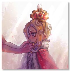 Rule 34 | 1girl, 1other, blonde hair, blue hair, cloak, closed mouth, commentary, crown, frown, fur-trimmed cloak, fur trim, glint, gradient hair, highres, long hair, multicolored hair, nintendo, octoling, octoling girl, octoling player character, purple eyes, red cloak, solo focus, sparkle, splatoon (series), suction cups, symbol-only commentary, tentacle hair, thenintlichen96, two-tone hair