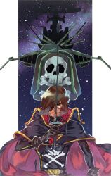 Rule 34 | 1boy, arcadia, arm at side, belt, belt buckle, black cape, black jacket, brown belt, brown eyes, brown gloves, brown hair, buckle, cannon, cape, closed mouth, commentary, energy cannon, eyepatch, gloves, hand up, harlock, harlock saga, high collar, highres, holding, holding sword, holding weapon, jacket, looking at viewer, male focus, military vehicle, one eye covered, pillarboxed, pirate, pirate ship, red cape, scar, scar on face, science fiction, short hair, skull and crossbones, slllle1, smile, solo, space, spacecraft, split mouth, star (sky), straight-on, sword, two-sided cape, two-sided fabric, two-tone cape, uchuu kaizoku captain harlock, upper body, weapon