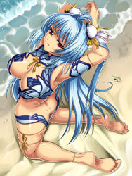 Rule 34 | 00s, 1girl, anklet, armlet, armpits, arms behind head, ass, back, bad feet, barefoot, beach, bikini, blue hair, breasts, bun cover, butt crack, center opening, cleavage, day, dimples of venus, double bun, downblouse, downpants, feet, hair bun, highres, jewelry, kneeling, kos-mos, large breasts, long hair, looking back, outdoors, red eyes, ribbon, seashell, shell, skindentation, soles, solo, swimsuit, syunzou, twisted torso, very long hair, water, waves, xenosaga, xenosaga episode iii