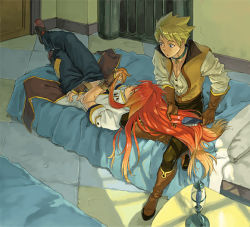 Rule 34 | 00s, 2boys, bed, blouse, brushing hair, door, full body, guy cecil, hair brush, holding, holding hair, indoors, long hair, luke fon fabre, male focus, multiple boys, reclining, red hair, shirt, spiked hair, tales of (series), tales of the abyss, white shirt
