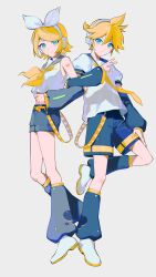 Rule 34 | 1boy, 1girl, absurdres, bass clef, belt, black shorts, black sleeves, blonde hair, blue eyes, brother and sister, detached sleeves, grey background, hair ornament, hair ribbon, hairclip, headset, highres, kagamine len, kagamine rin, leg warmers, locked arms, looking at viewer, neckerchief, necktie, nima (nimamann), number tattoo, ribbon, sailor collar, shirt, short hair, short ponytail, shorts, siblings, sleeveless, sleeveless shirt, smile, tattoo, treble clef, twins, v, vocaloid, white footwear, white ribbon, yellow belt, yellow nails, yellow neckerchief, yellow necktie