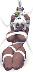 Rule 34 | 1girl, :&lt;, arms up, bandages, bound, bound wrists, breasts, commentary, dark-skinned female, dark skin, english commentary, full body, glasses, hair between eyes, highres, huge breasts, looking at viewer, mistletoe, multicolored eyes, naked bandage, navel, original, simple background, sitting, solo, sub-res, white background, white hair, yellow eyes