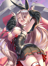 Rule 34 | 1girl, ;d, absurdres, armpits, ass, azur lane, bare shoulders, black necktie, black skirt, breasts, corset, crop top, detached sleeves, from behind, highres, large breasts, long hair, looking at viewer, looking back, miniskirt, mole, mole under eye, necktie, no panties, one eye closed, open mouth, parted bangs, pleated skirt, prinz heinrich (azur lane), red eyes, silver hair, skirt, smile, solo, underboob, upskirt, very long hair, violetshit