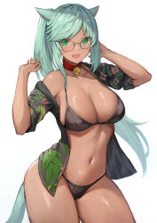 Rule 34 | 1girl, animal ears, aqua hair, aqua tail, bell, bikini, black bikini, blush, breasts, cat ears, cat girl, cat tail, cleavage, cowboy shot, dark-skinned female, dark skin, facial mark, final fantasy, final fantasy xiv, floral print, glasses, green eyes, hands up, highres, jingle bell, large breasts, long hair, looking at viewer, miqo&#039;te, navel, neck bell, off shoulder, open clothes, open mouth, open shirt, parted bangs, simple background, solo, string bikini, swimsuit, tail, thighs, torisanff14, warrior of light (ff14), whisker markings, white background