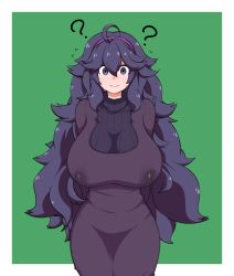 Rule 34 | 1girl, ?, @ @, ahoge, alternate breast size, blush, border, breasts, closed mouth, commentary request, creatures (company), dokuropg, dress, game freak, green background, grey eyes, hair between eyes, hairband, hex maniac (pokemon), huge breasts, lactation, lactation through clothes, light blush, long hair, looking at viewer, messy hair, nintendo, outside border, pokemon, pokemon xy, purple dress, purple hair, purple hairband, smile, solo, very long hair, white border